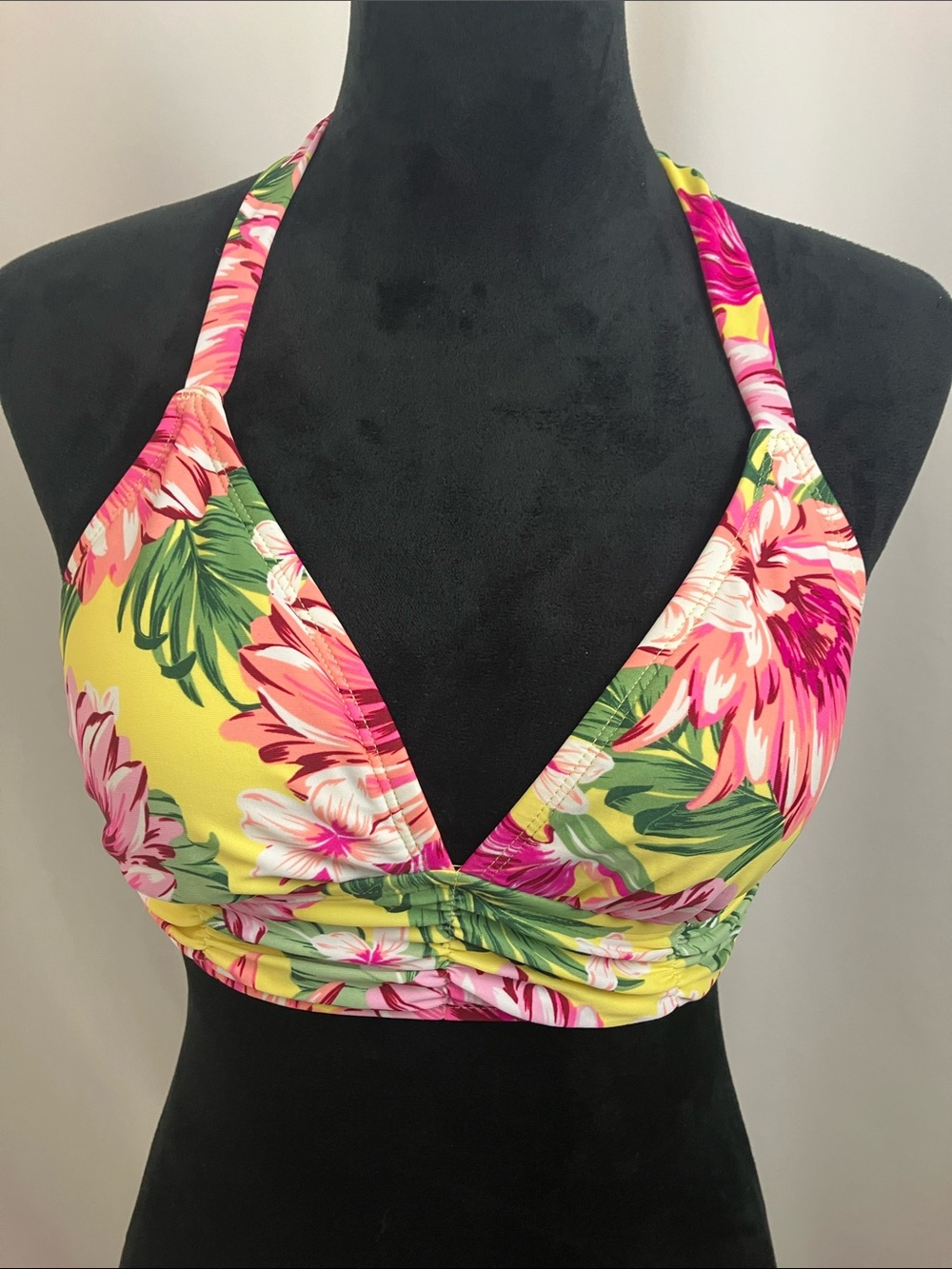 Kona Sol Yellow and Pink Floral Print Halter Bikini Top Women’s Size Small